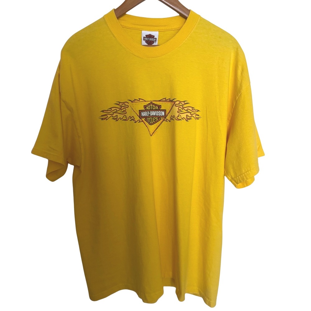 2008 Harley Davidson T Shirt Men XL Yellow Cox's Asheboro NC Flames Made USA